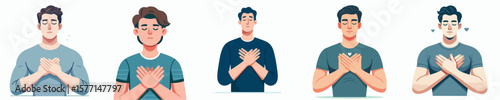 Young Men Practicing Breathing Techniques with Calm Expressions – Flat Vector Set