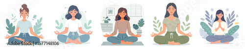 Flat Design of Women Doing Mindfulness and Deep Breathing in Relaxing Scenes