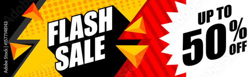 Flash Sale announcement with up to 50% off, featuring bold typography and dynamic geometric shapes in red and yellow.