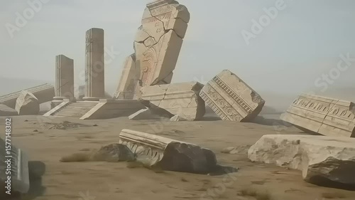 Ancient ruins with fallen columns and broken stone structures in a barren landscape at dusk