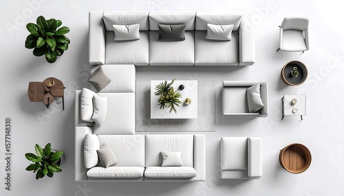 Top-down view of a modern white living room set