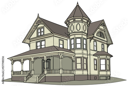 Illustration of a large victorian style house with a porch and a tower on a white background