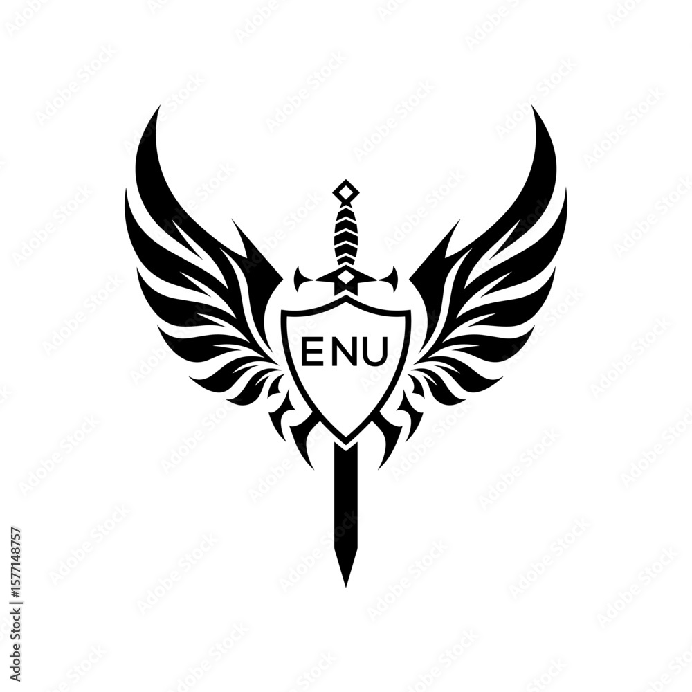 Obraz premium ENU Winged Sword and Shield Logo with ENU Letters, Heraldic Emblem, ENU Later Logo, Black and White Vector Design 