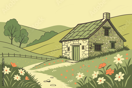Illustration of a stone cottage with a green roof in a field of flowers and rolling hills