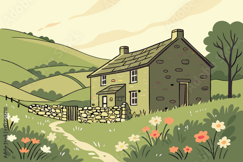 Illustration of a stone cottage with a slate roof in a green landscape with flowers and rolling hills