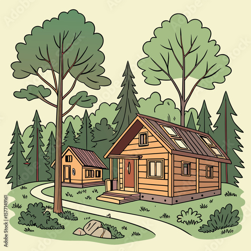 Illustration of two wooden cabins in a forest clearing with tall trees and a winding path through grass