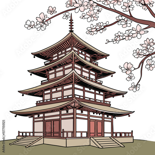Illustration of a traditional japanese pagoda with cherry blossoms in the foreground view from below