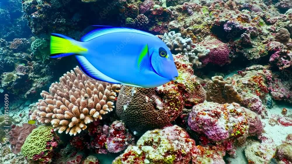 Vibrant coral reef scene with a blue fish Vibrant coral reef scene with a blue fish