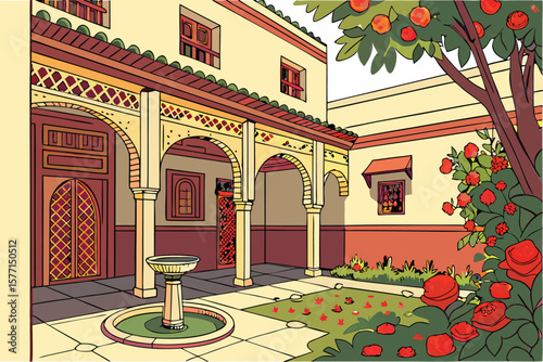 Illustration of a beautiful courtyard with a fountain, arches, flowers and a tree with oranges