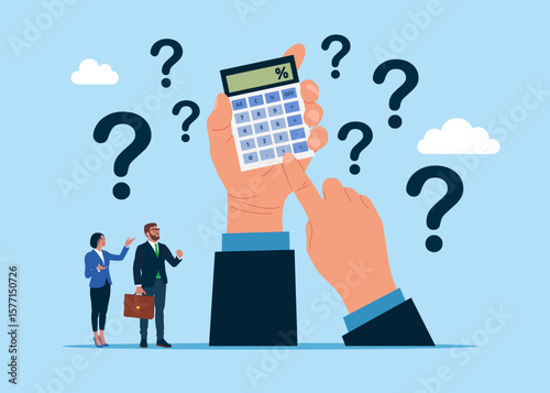 Hands holding a calculator thinking about calculations. Think about numbers. Loan calculation, budget allocation, expense and debt pay off or payment. Flat vector illustration