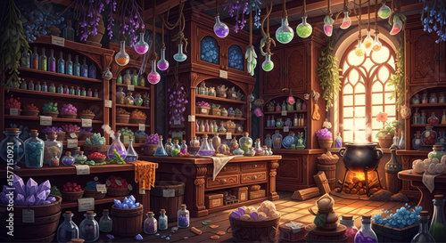 Mystical Apothecary: Enter a magical apothecary filled with bubbling potions, ancient artifacts, and shelves overflowing with alchemical ingredients. A place where magic comes to life