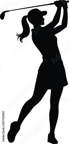 Female Golfer Swinging Club Silhouette Vector Illustration