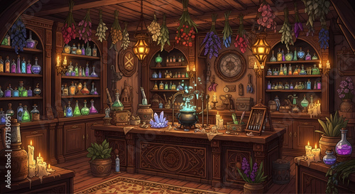 Alchemy Haven: A captivating and detailed illustration of an alchemist's workshop, filled with bubbling potions, mystical ingredients, and a warm inviting atmosphere