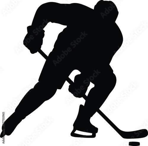 Ice Hockey Player Silhouette Vector with Stick and Puck Action Pose