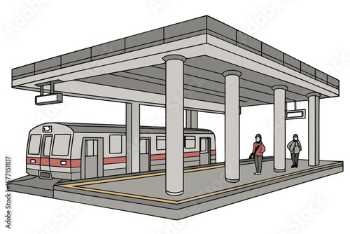 Illustration of a train at a station with two people waiting under a covered platform area design