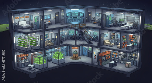 Secret Base Interior Illustration: Explore the hidden world of a secret base interior in an intriguing illustration, filled with high-tech labs, living quarters, and communication centers.