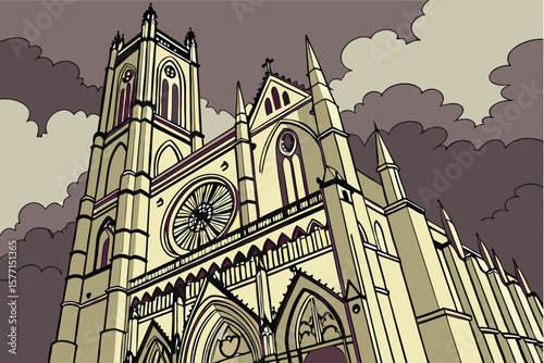 Perspective view of a grand cathedral with intricate architecture and cloudy sky background design