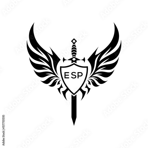 ESP Winged Sword and Shield Logo with ESP Letters, Heraldic Emblem, ESP Later Logo,  Black and White Vector Design
