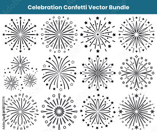 Black and White Celebration Fireworks Bundle Design on White Background