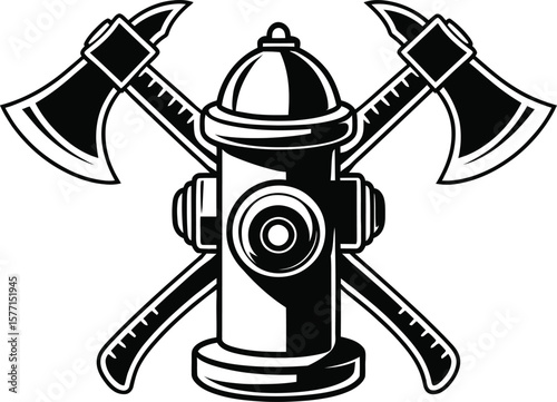 Firefighter Hydrant and Crossed Axes Vector Silhouette Emblem