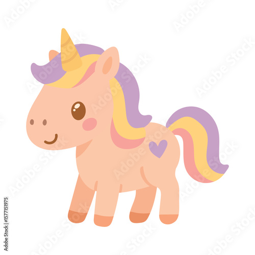 Adorable pastel unicorn with yellow horn and purple mane stands smiling, great for magical animal themes, baby decor, and whimsical fairy tales.