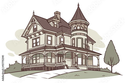 Illustration of a large victorian style house with a turret and a wrap around porch on a grassy lawn
