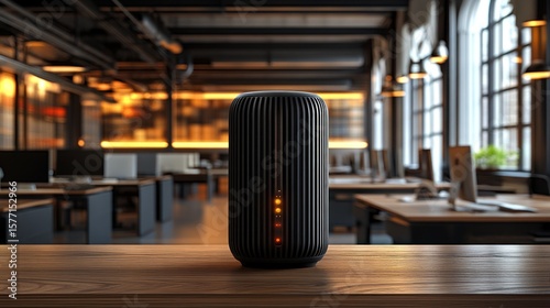 Smart speaker on wooden desk in modern office.
