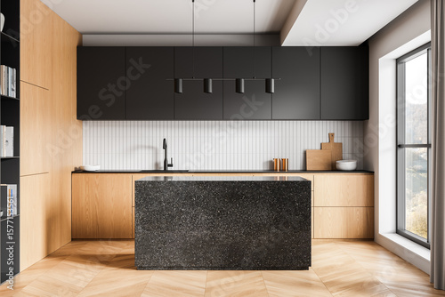 Foto Modern interior kitchen design with wood cabinets, minimalist lighting, and a textured stone island in a bright room with large window and tiled backsplash