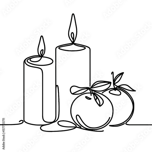 Line art illustration of candles and tangerines with leaves, black and white cozy holiday and winter decor concept with copy space