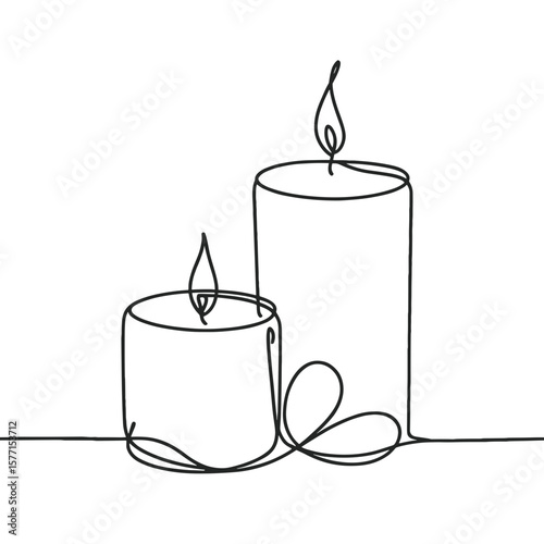 Line art illustration of two burning candles with ribbon, black and white cozy and romantic decor concept with copy space