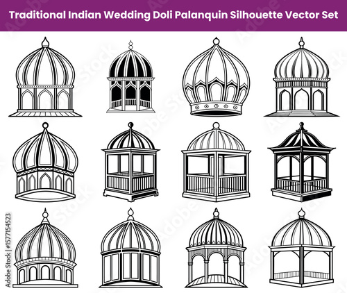 Indian Wedding Doli Palanquin Silhouette Set with Dome Shaped Canopies