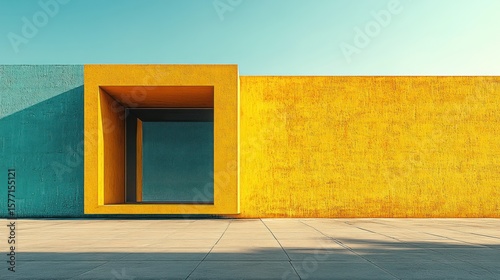 Modern architecture, teal and yellow building exterior, geometric design, square window, sunlight shadow.