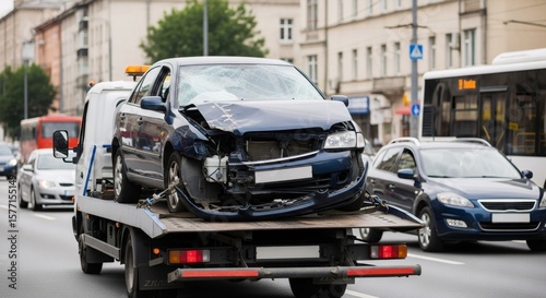Damaged blue car with broken windshield being towed on a flatbed tow truck. Vehicle recovery service transporting a wrecked automobile after accident.