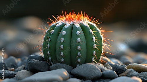 Close-up of a vibrant green spherical cactus with orange spines, nestled among dark grey stones, bathed in warm sunset light.