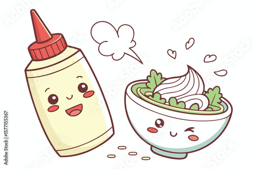 Cute Kawaii Mayonnaise Bottle and Bowl Silhouette