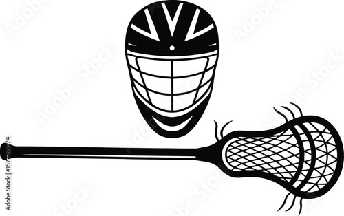 Lacrosse Helmet and Stick Silhouette Icon in Vector Style