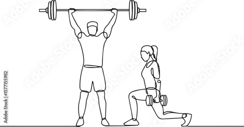 Continuous line art of man and woman lifting barbells, couple workout training in gym fitness center

