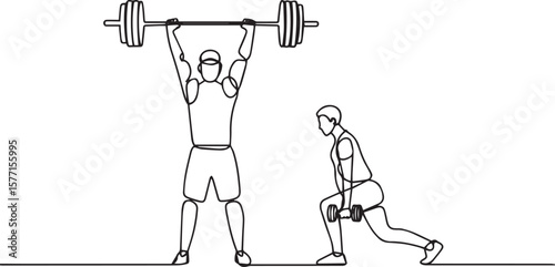 Continuous line art of man and woman lifting barbells, couple workout training in gym fitness center

