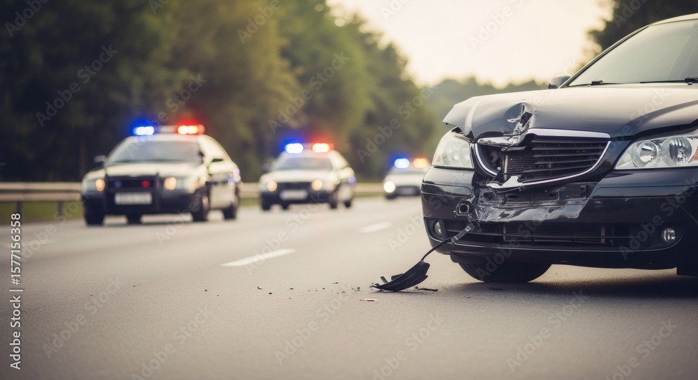 Fototapeta premium Damaged black car on a road after an auto accident with police cars with flashing lights in the background. Traffic collision.