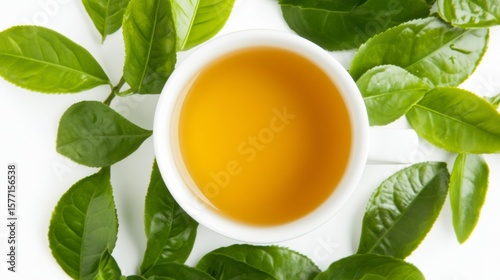 Top view of a cup of green tea surrounded by fresh green tea leaves on a white background.