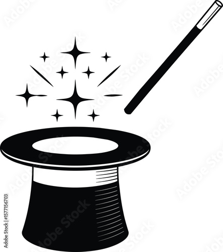 Magic Hat and Wand Icon with Sparkles in Black Vector Style