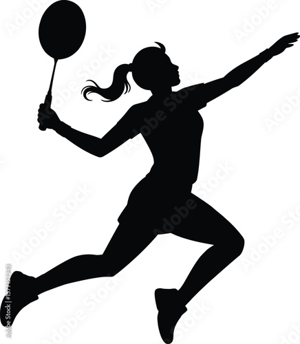 Badminton Girl Silhouette Jumping with Racket Vector Art