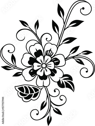 Elegant floral design with detailed petals leaves and swirling decorative accents in black and white