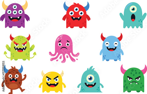 Cute cartoon monster collection with colorful horns, funny expressions, fantasy characters for kids games, Halloween design elements, vector illustration, emoji pack download