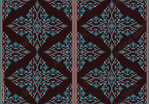 A pixelated textile design in deep purple with intricate light green and green details, forming diamond-shaped symmetrical floral motifs that reflect cultural elegance and digital precision.