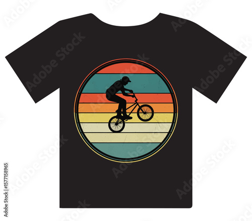 Dynamic BMX rider performing stunt in vibrant retro sunset circle graphic