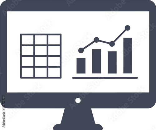 Computer screen displaying a grid and a graph with bars and a rising line.