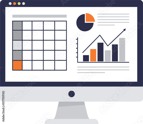 Desktop computer displaying business data analysis charts and graphs.
