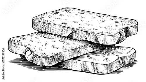 Dried bread slices stacked in a textured vintage illustration, isolated on transparent background
