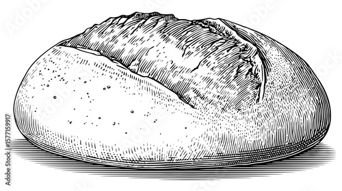 Round rustic bread loaf in vintage engraving style, isolated on transparent background